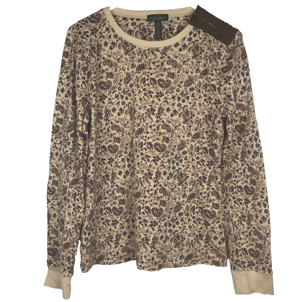 Lauren Ralph Lauren Long Sleeve Faux Suede Elbow Patches Paisley Cream Brown XL